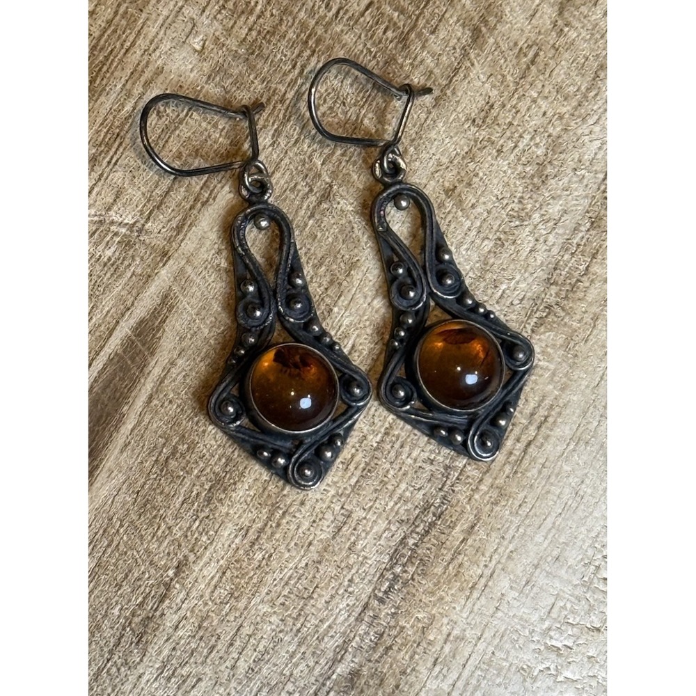 Vintage Sterling Silver Amber Cabochon‎ Dangle 1.2" Earrings Filigree Style - Picture 3 of 3